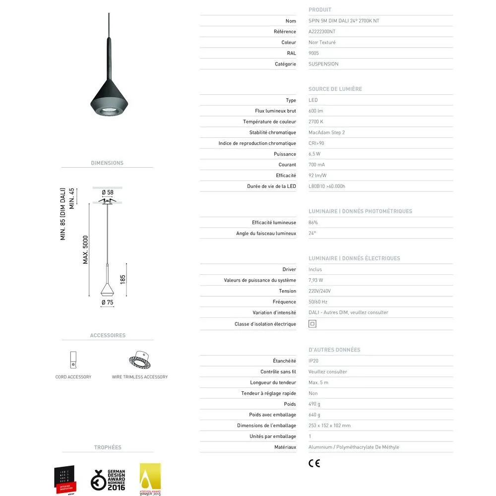 ARKOSLIGHT Suspension noire texturée SPIN