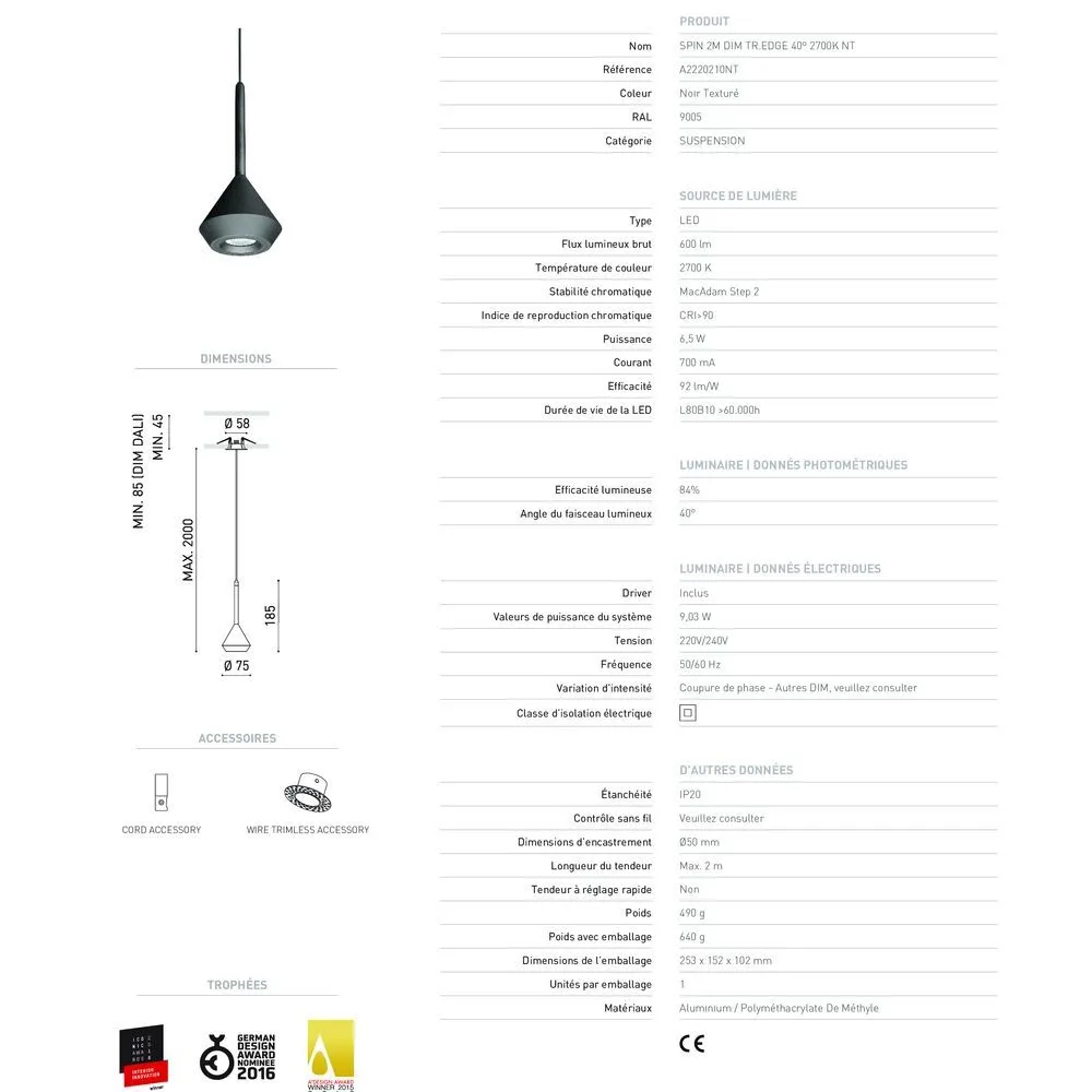 ARKOSLIGHT Suspension noire texturée SPIN