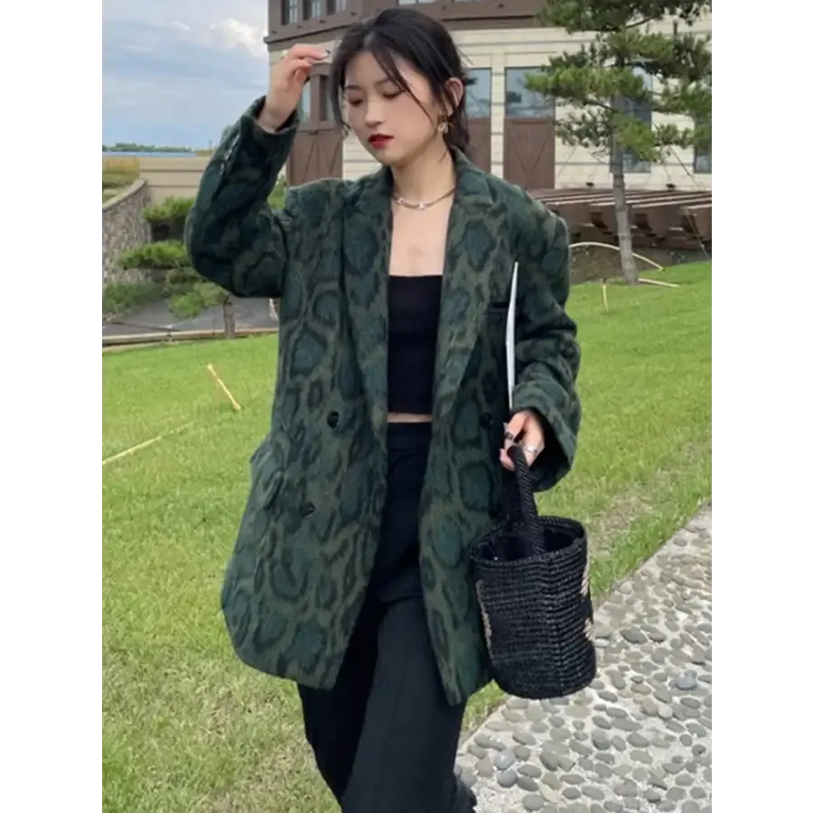 Blazer Imprimé Léopard Oversize Vert