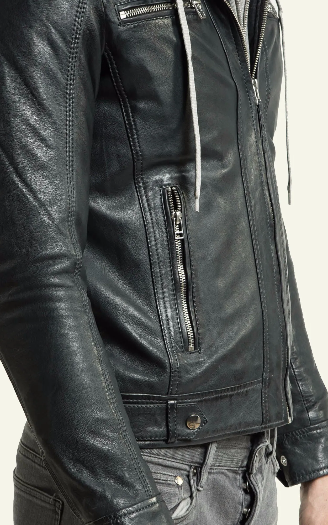 Blouson cuir Erico Hood bleu Serge Pariente - La Canadienne - Blousons Cuir Bleu Marine