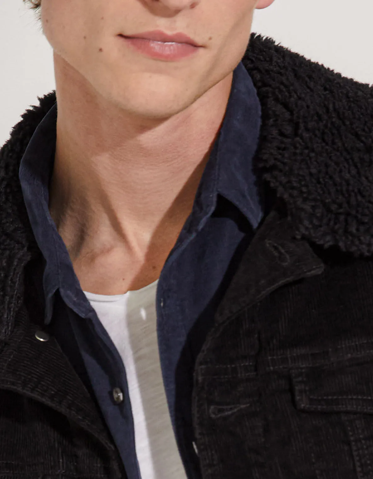 Blouson noir en velours côtelé à col Sherpa Homme