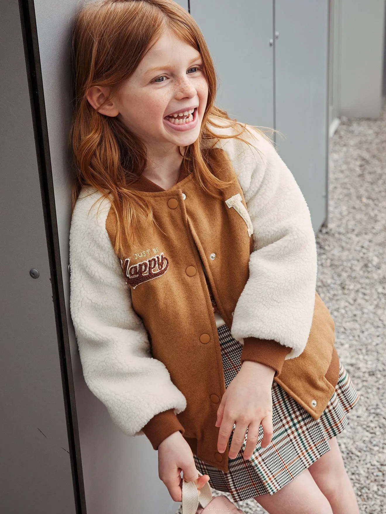 Blouson teddy en lainage et sherpa fille animation en bouclettes camel - Vertbaudet