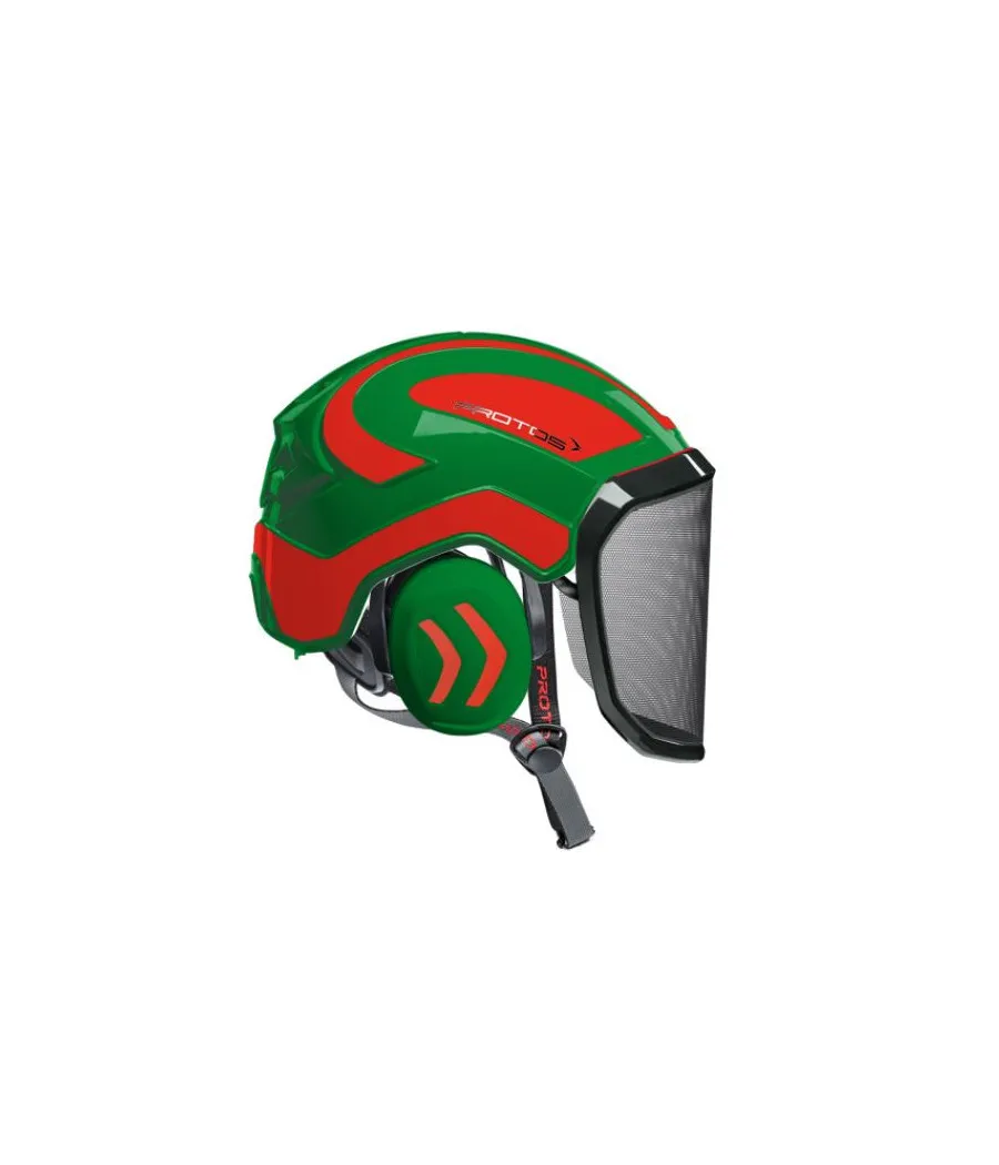 Casque Protos Integral Arborist Bicolore vert-rouge orange fluo