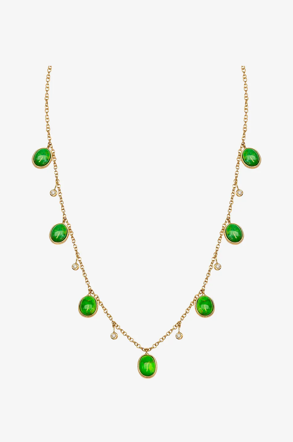 Collier en or jaune avec turquoise verte et diamants Cabochon