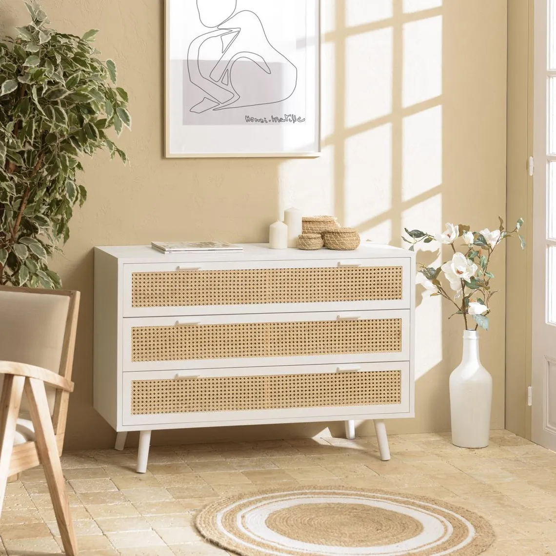 Commode blanche 3 tiroirs cannage naturel SANDRO | 3 Suisses