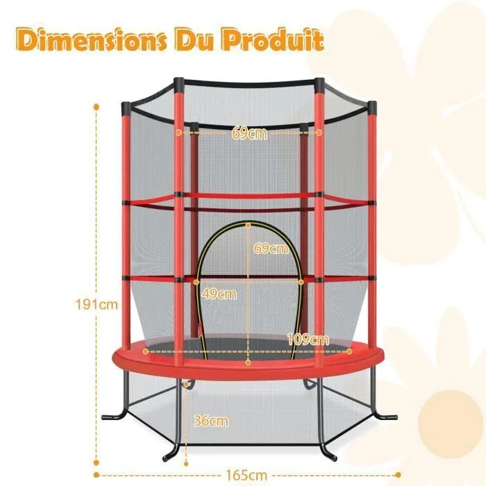 COSTWAY Trampoline Enfants avec Filet de Sécurité Ø165×1,91H CM-Porte Zipée-Couvre-Ressorts-6 Poteaux Rembourrés-Charge 45 kg-Ro