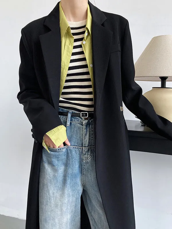 Mode Noir Blazer Longue Col Revers Femme Trench avec Poches et Boutons