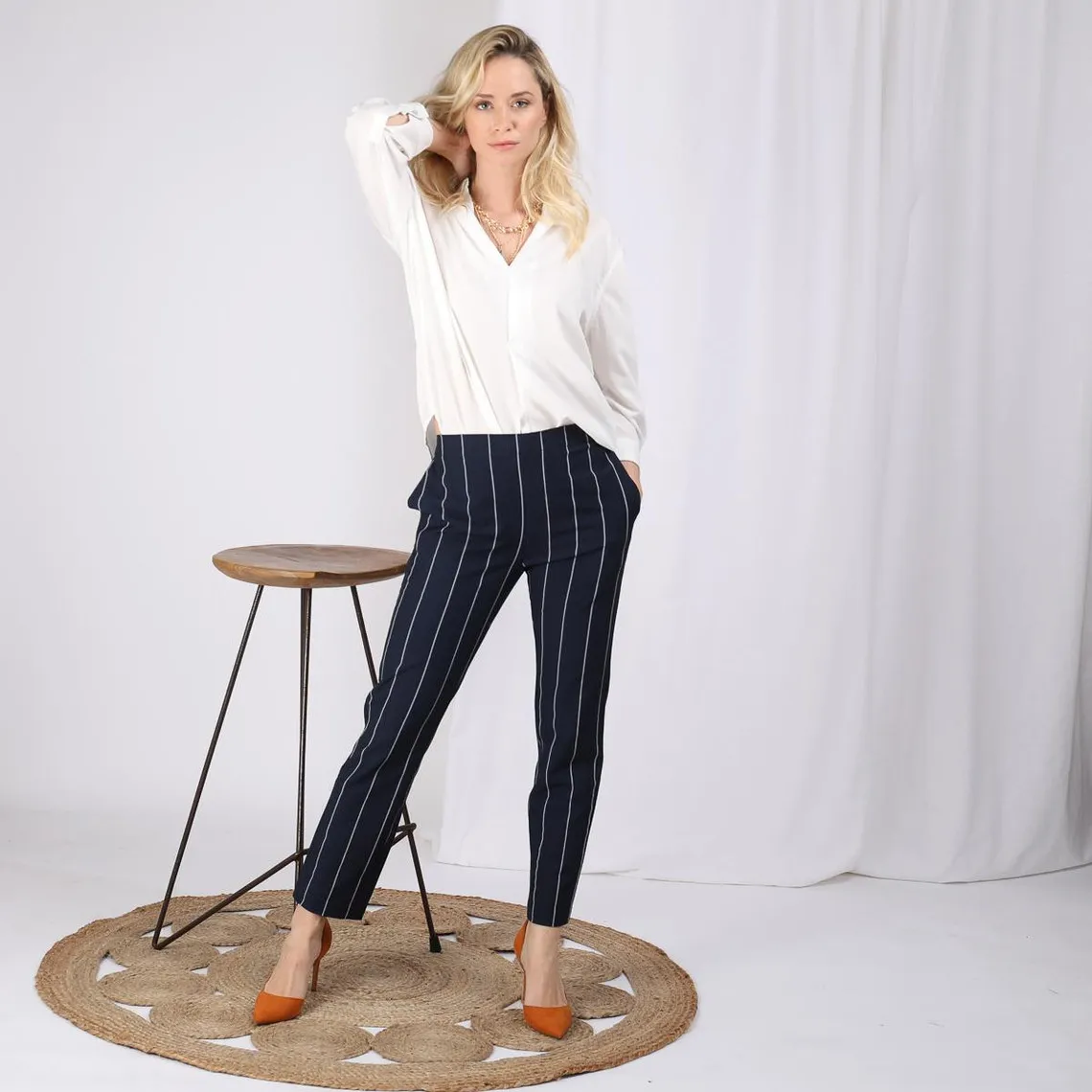 Pantalon rayé taille élastique poches et pinces dos femme - Rayé Bleu Marine | 3 Suisses