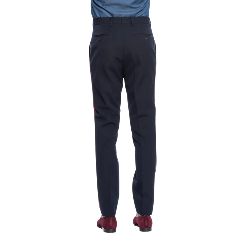 Pantalon Serpentine laine coton bleu marine bande satin rouge