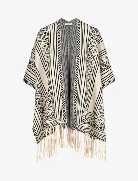 Poncho à imprimé graphique et franges - Blanc