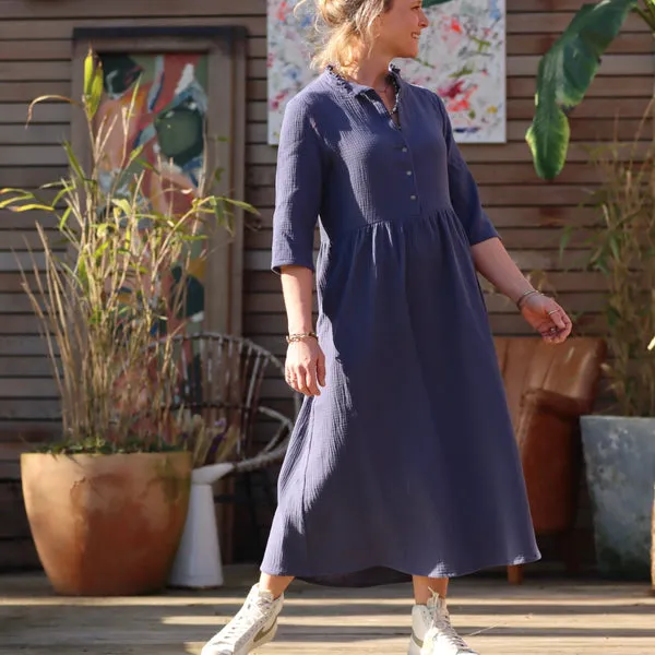Robe Aline - double gaze de coton bleu indigo