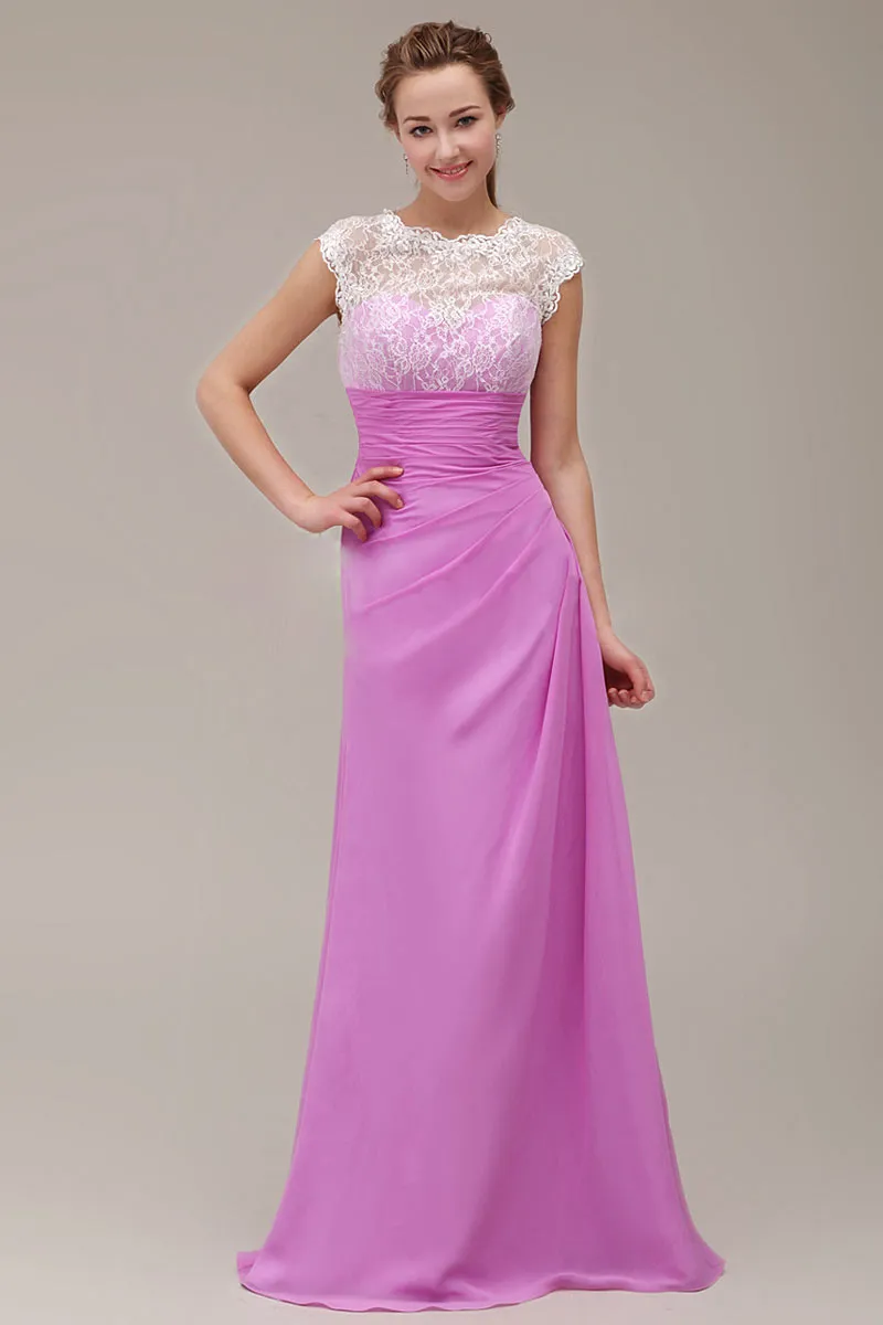 Robe élégante longue pour gala ruchée en fuchsia pale à haut en dentelle blanc col montant - Robedesoireelongue.fr