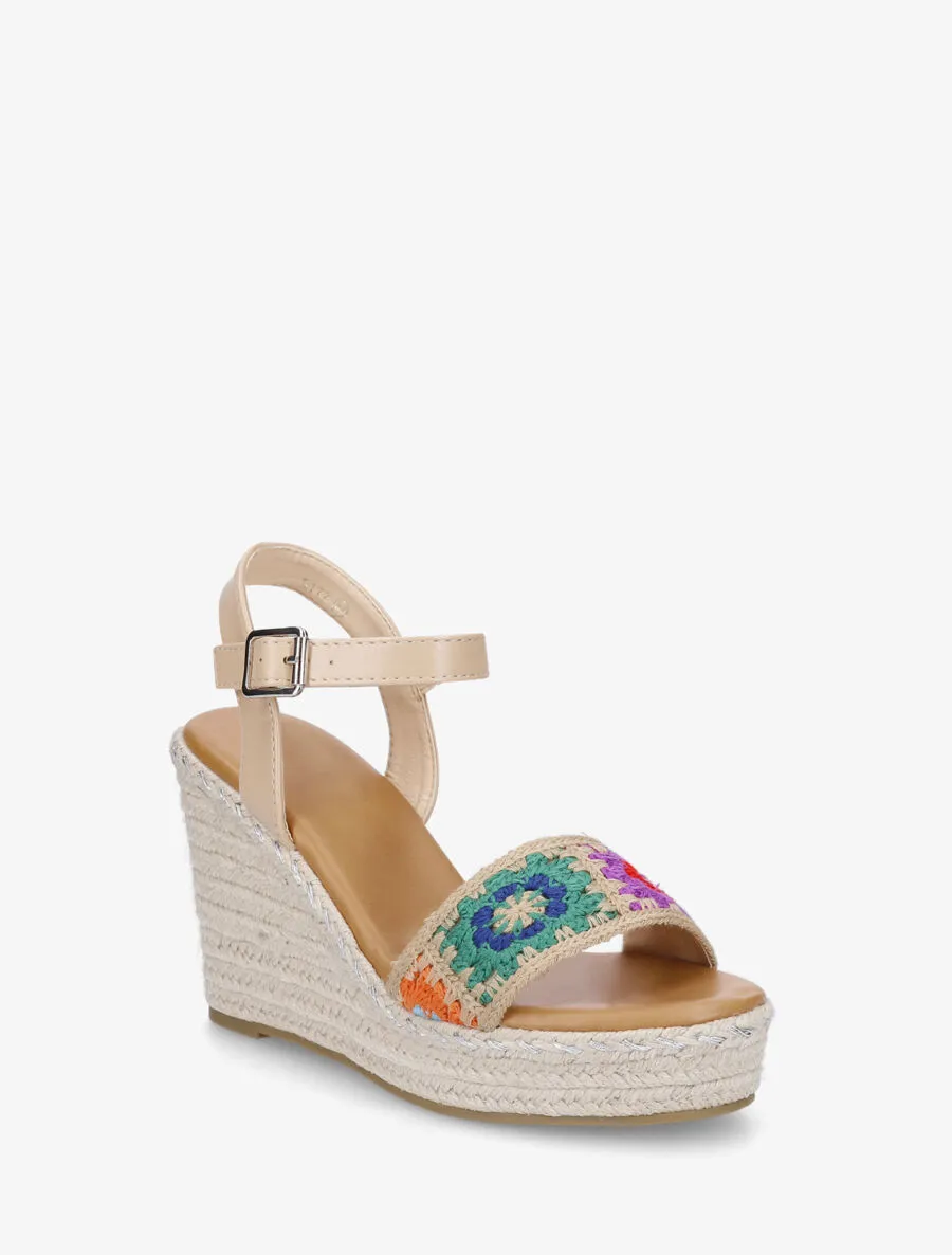 Sandales compensées à bride imprimé floral - Beige