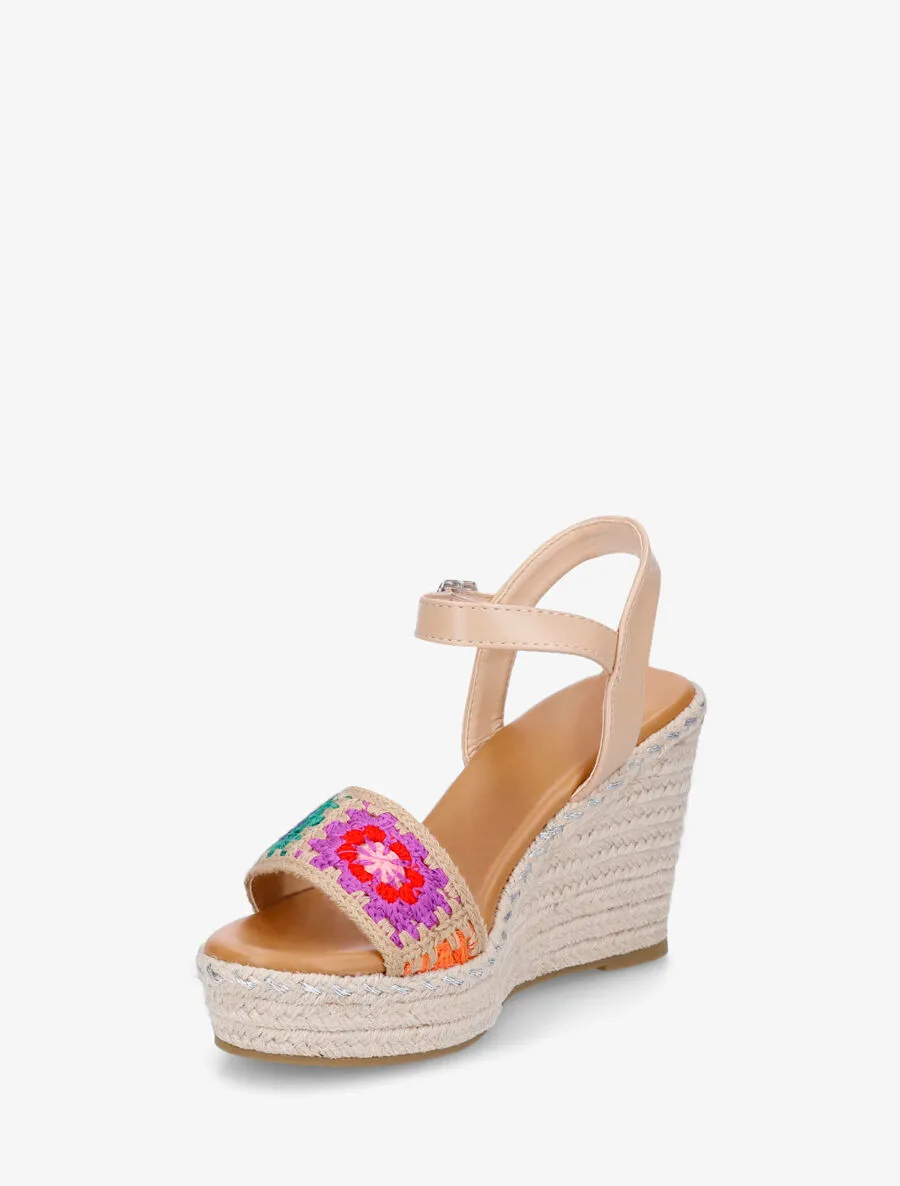 Sandales compensées à bride imprimé floral - Beige