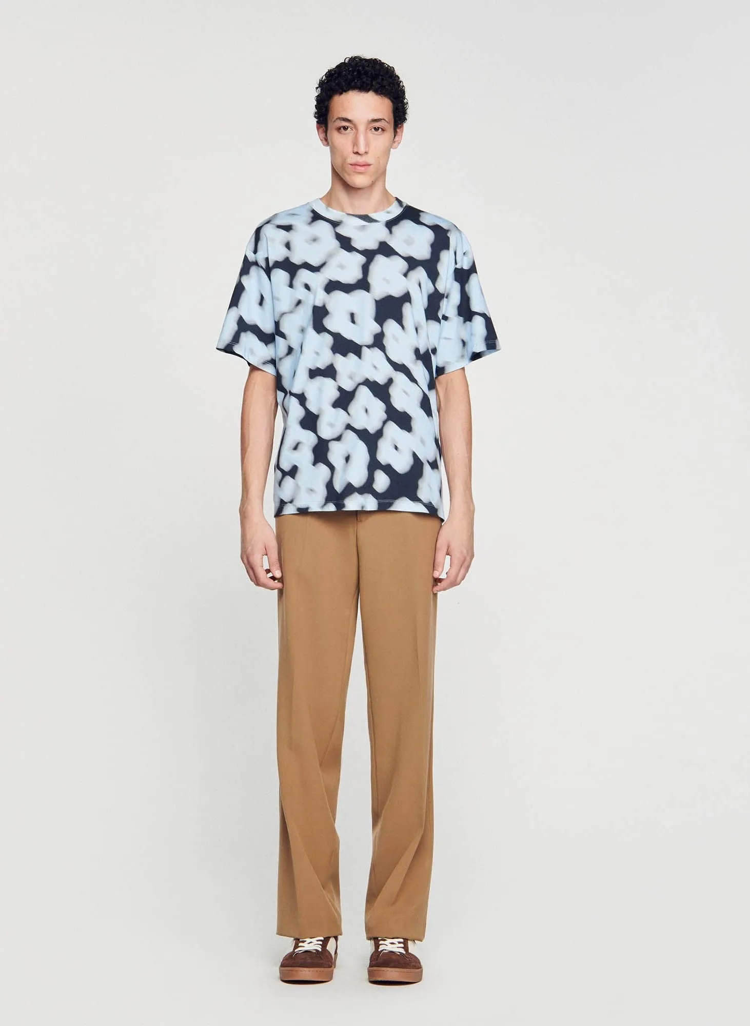 SANDRO  Tee-shirt col rond droit en coton imprimé - Bleu
