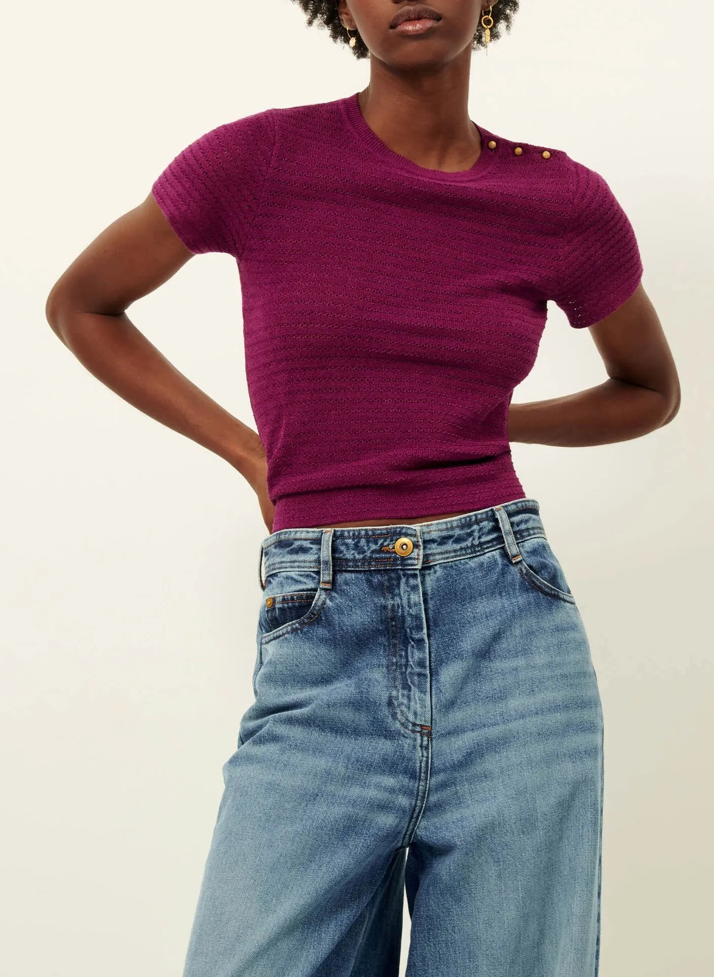 SESSUN  Top col rond droit en maille kiutty - Rose