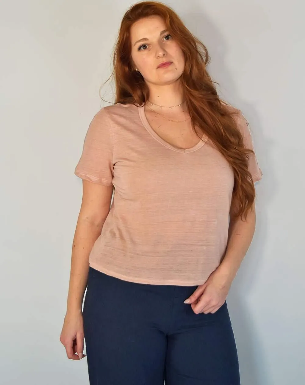 T-Shirt Zesi Femme Rose 100 % Lin, Col V Made in France
