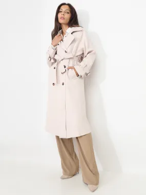 Trench mi-long droit ceinturé- Beige