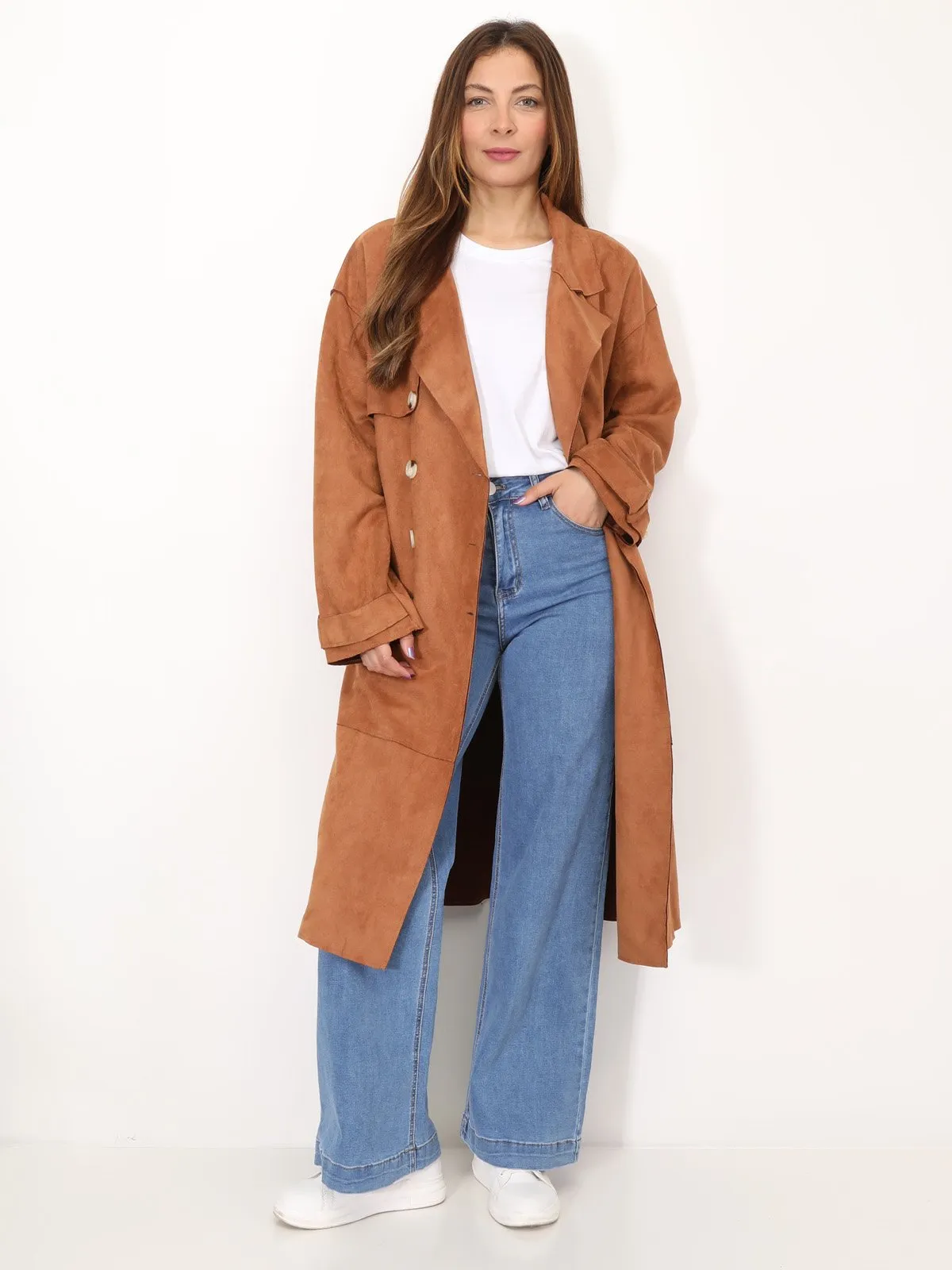 Trench mi-long en suédine- Camel