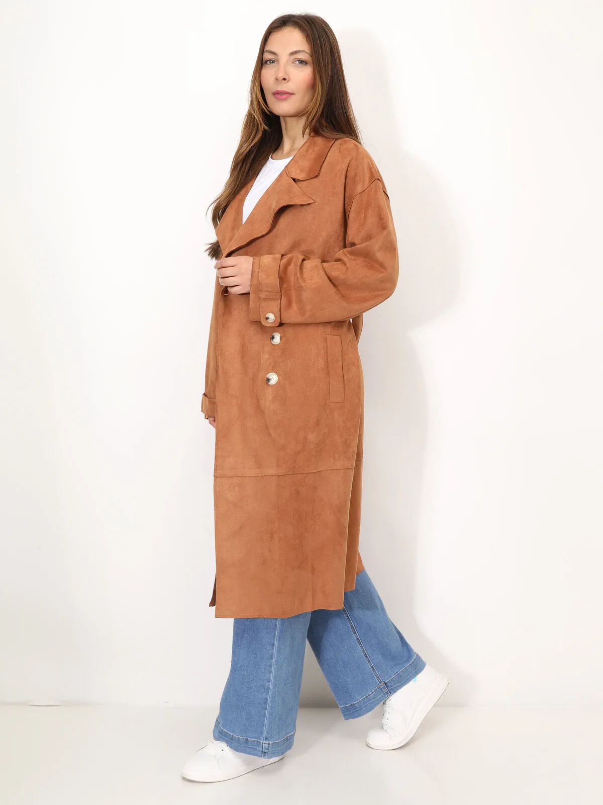 Trench mi-long en suédine- Camel
