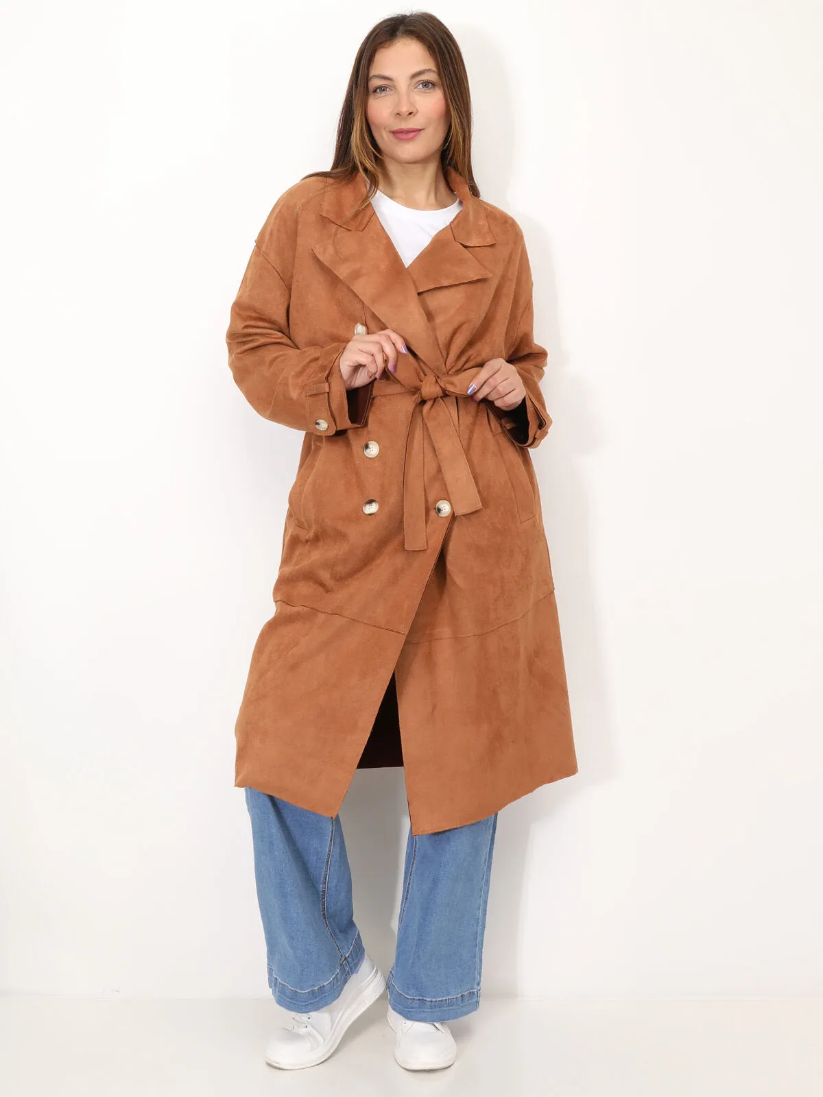Trench mi-long en suédine- Camel