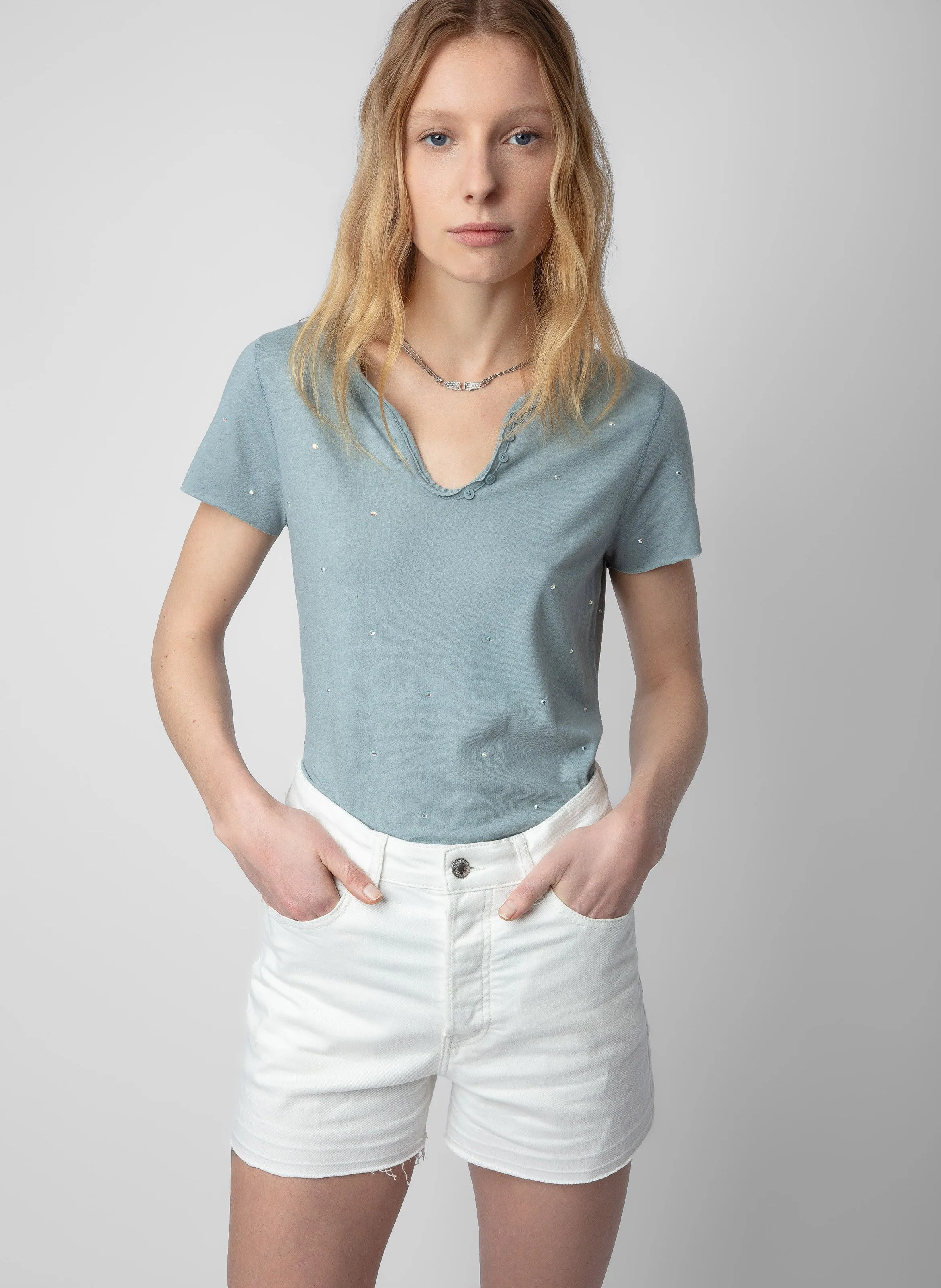 ZADIG&VOLTAIRE  Tee-shirt col tunisien en coton à strass - Bleu